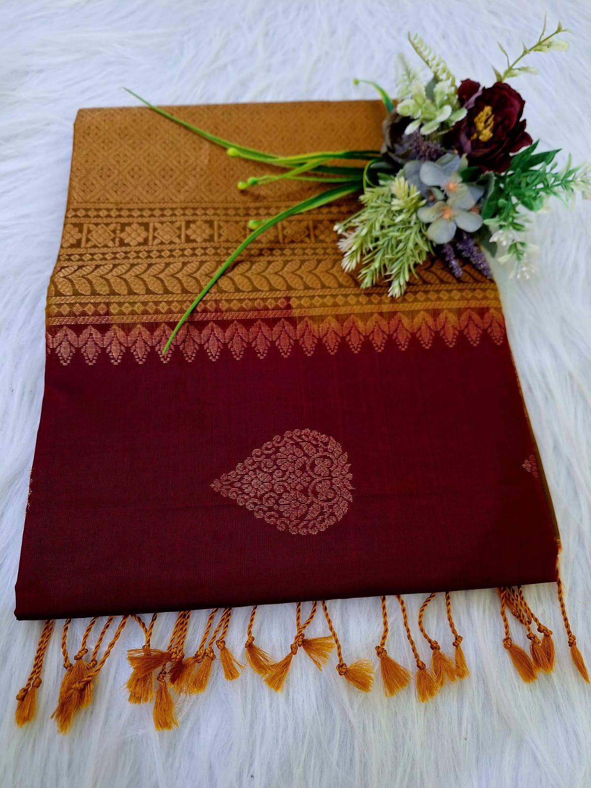 Pure Handloom Soft Silk - Maroon & Mustard with Rangoli & leaf motifs