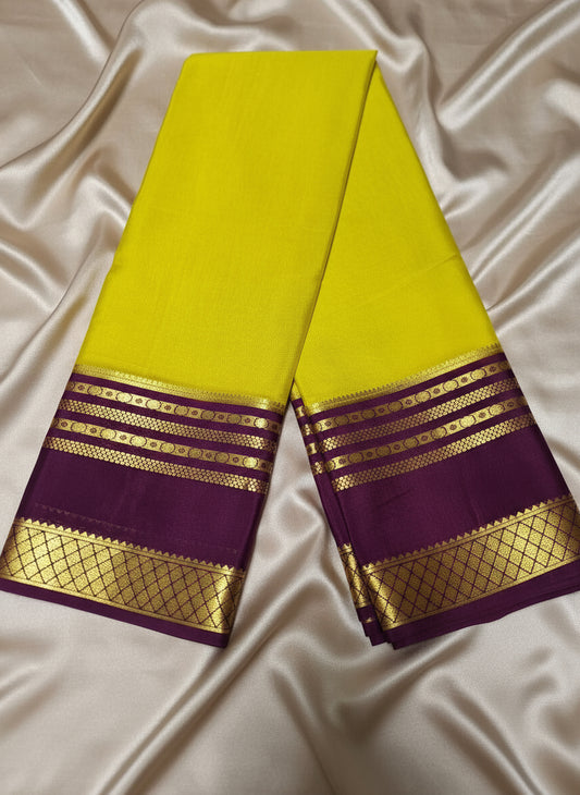 Pure Mysore Crepe Silk-Yellow & Orchid Purple Embellished border