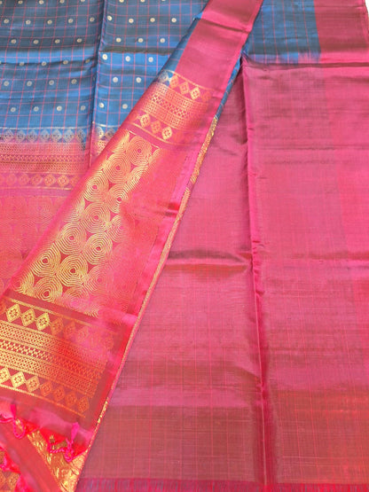 Pure Handloom Soft Silk - Matte Navy Blue & Magenta with Polka dots