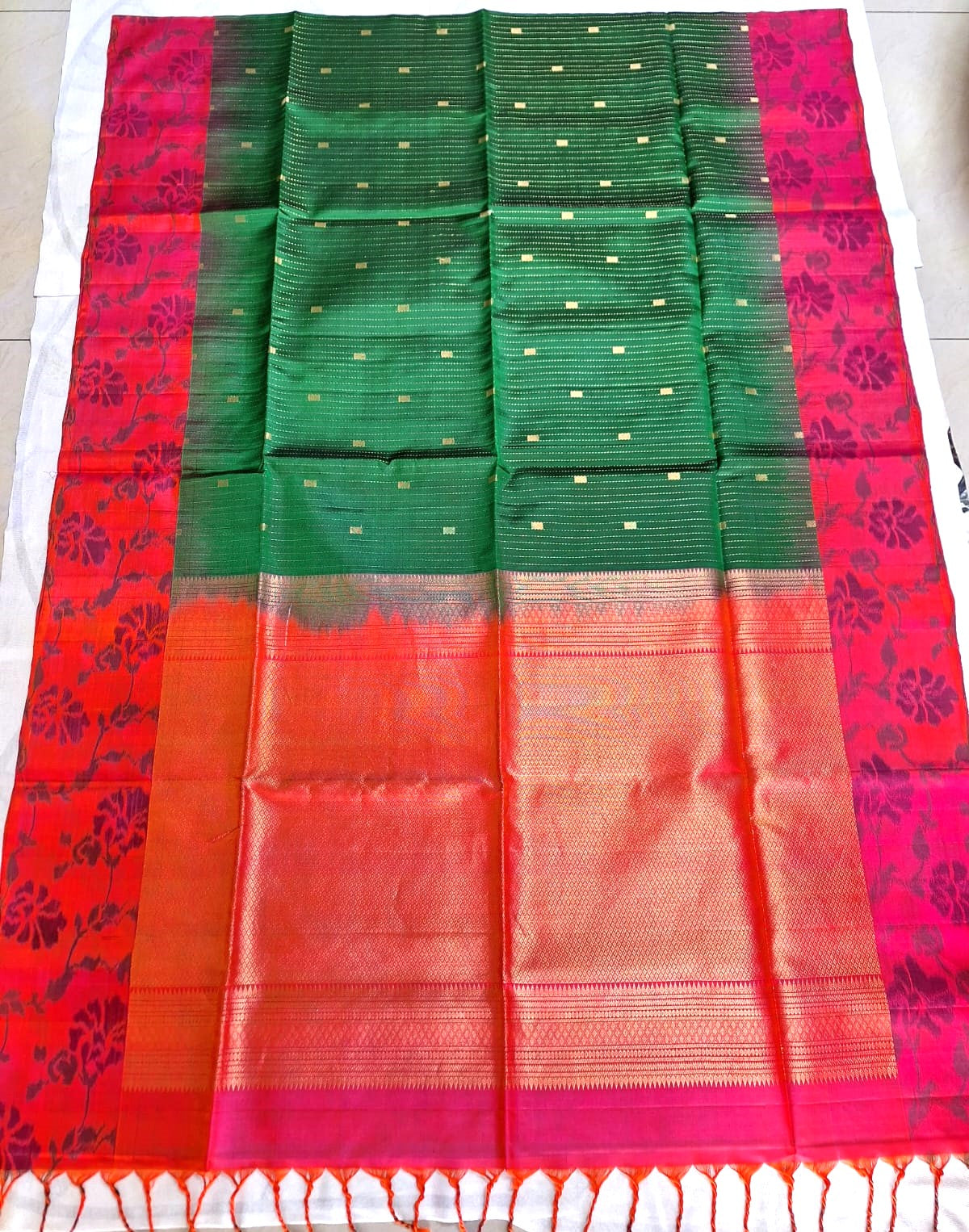 Pure Handloom Soft Silk - Green Orange Ikat theme border