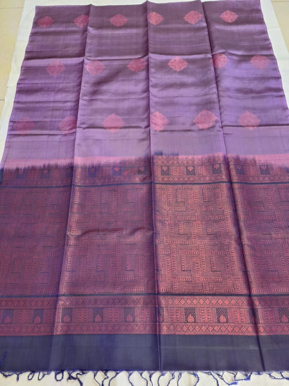 Pure Handloom Soft Silk - Pastel Mauve-Navy Borderless pattern