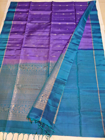 Pure Handloom Soft Silk - Brinjal purple and blue vertical design