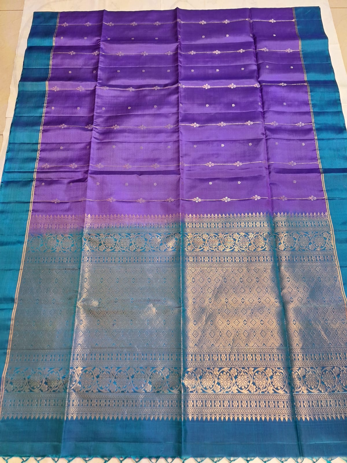 Pure Handloom Soft Silk - Brinjal purple and blue vertical design