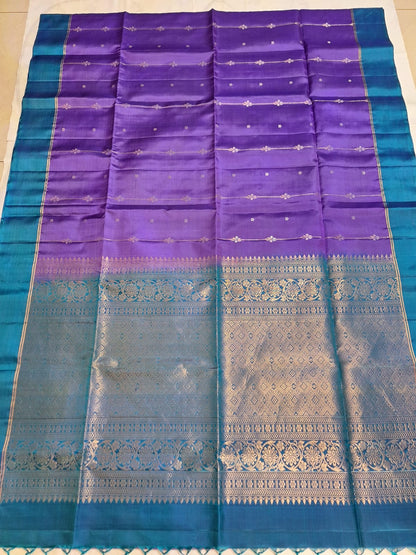 Pure Handloom Soft Silk - Brinjal purple and blue vertical design