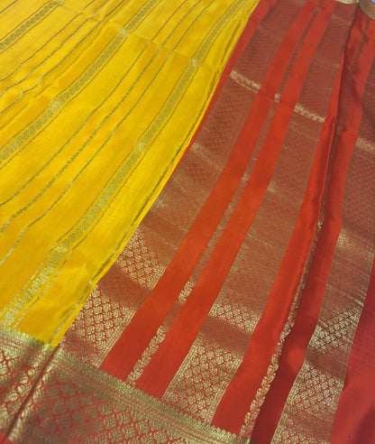Pure Mysore Crepe Silk - Mustard & Red Golden vertical zari lines