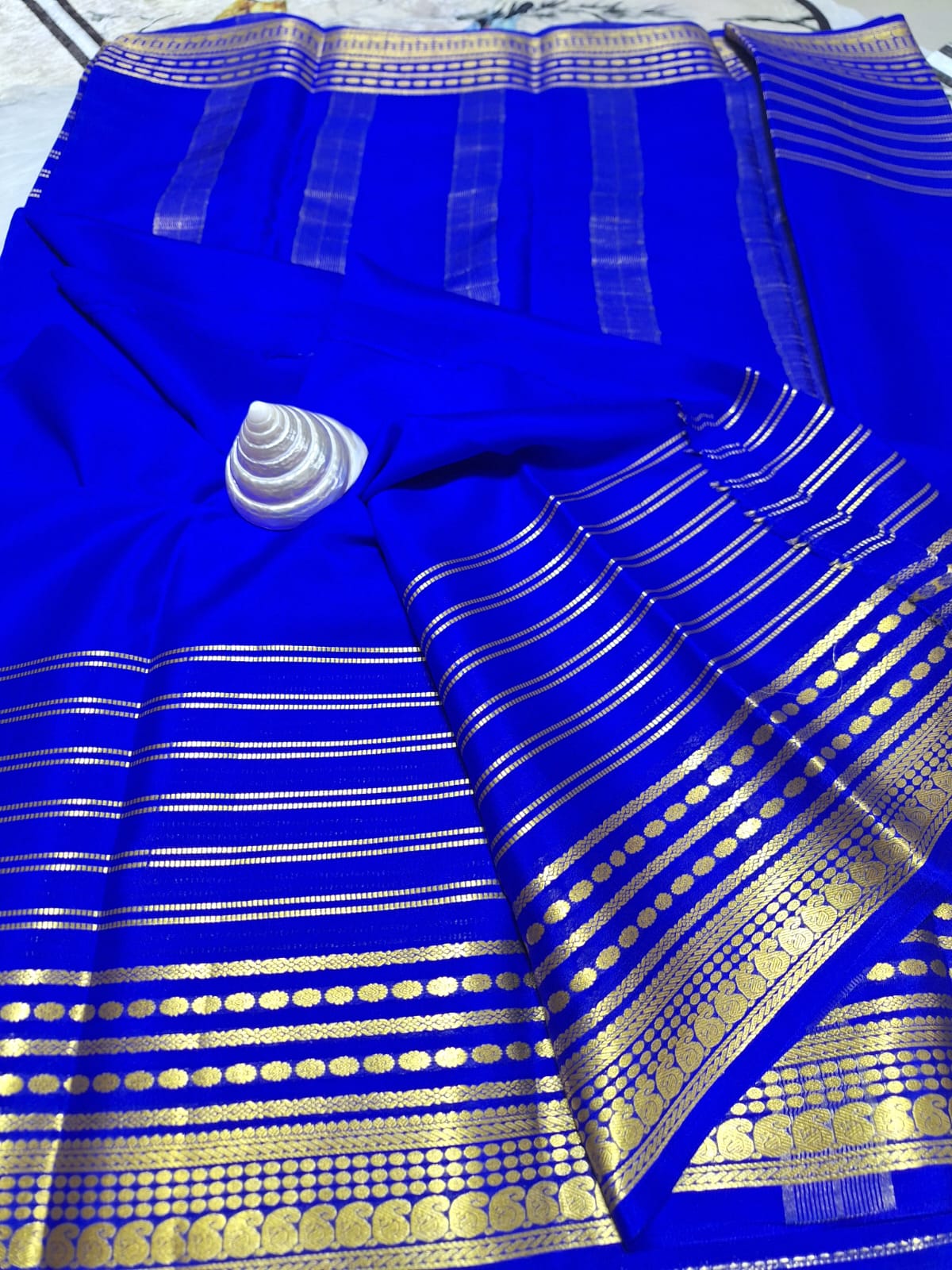 Pure Mysore Crepe Silk - Royal Blue designer lines pattern