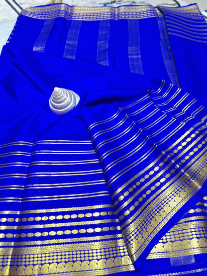 Pure Mysore Crepe Silk - Royal Blue designer lines pattern