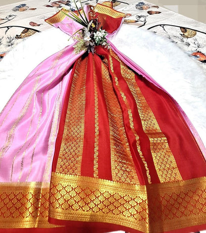 Pure Mysore Crepe Silk - Soft Pastel Pink & Red Golden vertical zari lines