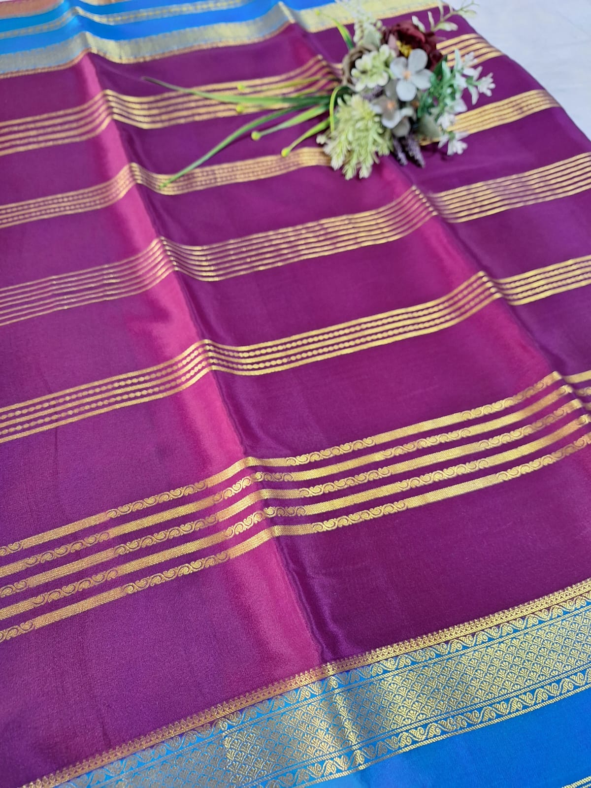 Pure Mysore Crepe Silk - Magenta & Blue 2D Designer pattern