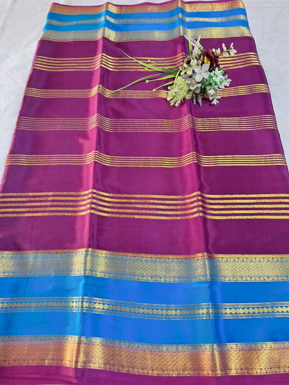 Pure Mysore Crepe Silk - Magenta & Blue 2D Designer pattern