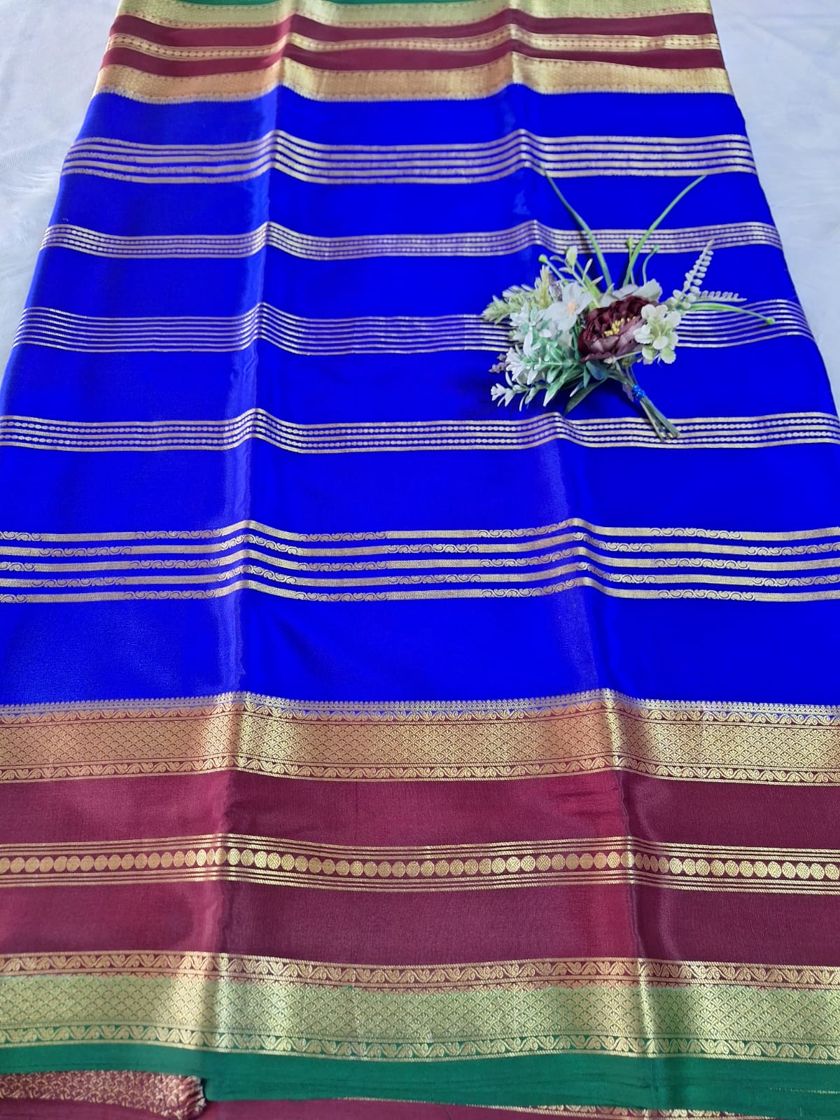 Pure Mysore Crepe Silk -  Royal blue & Maroon 2D Designer pattern