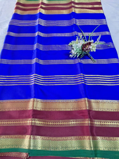 Pure Mysore Crepe Silk -  Royal blue & Maroon 2D Designer pattern