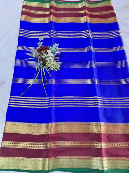 Pure Mysore Crepe Silk -  Royal blue & Maroon 2D Designer pattern