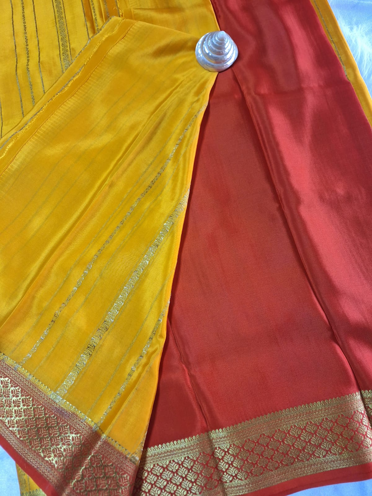 Pure Mysore Crepe Silk - Mustard & Red Golden vertical zari lines