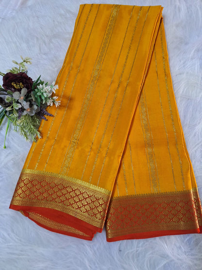 Pure Mysore Crepe Silk - Mustard & Red Golden vertical zari lines