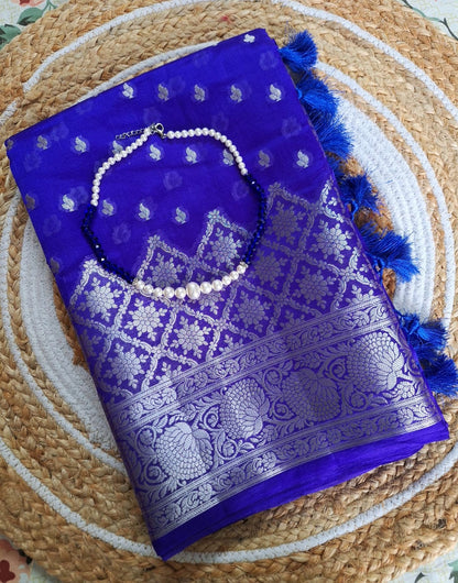 Pure Handloom Banarasi Silk - Royal blue in light Gold Zari work
