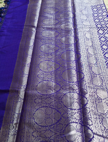 Pure Handloom Banarasi Silk - Royal blue in light Gold Zari work