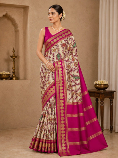 Pure Mysore Crepe Silk - Creme & Bold Pink Anaar Kalamkari