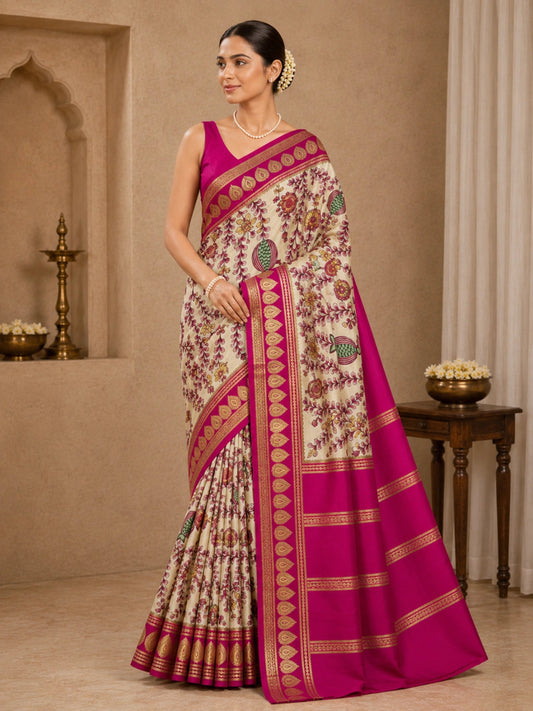 Pure Mysore Crepe Silk - Creme & Bold Pink Anaar Kalamkari