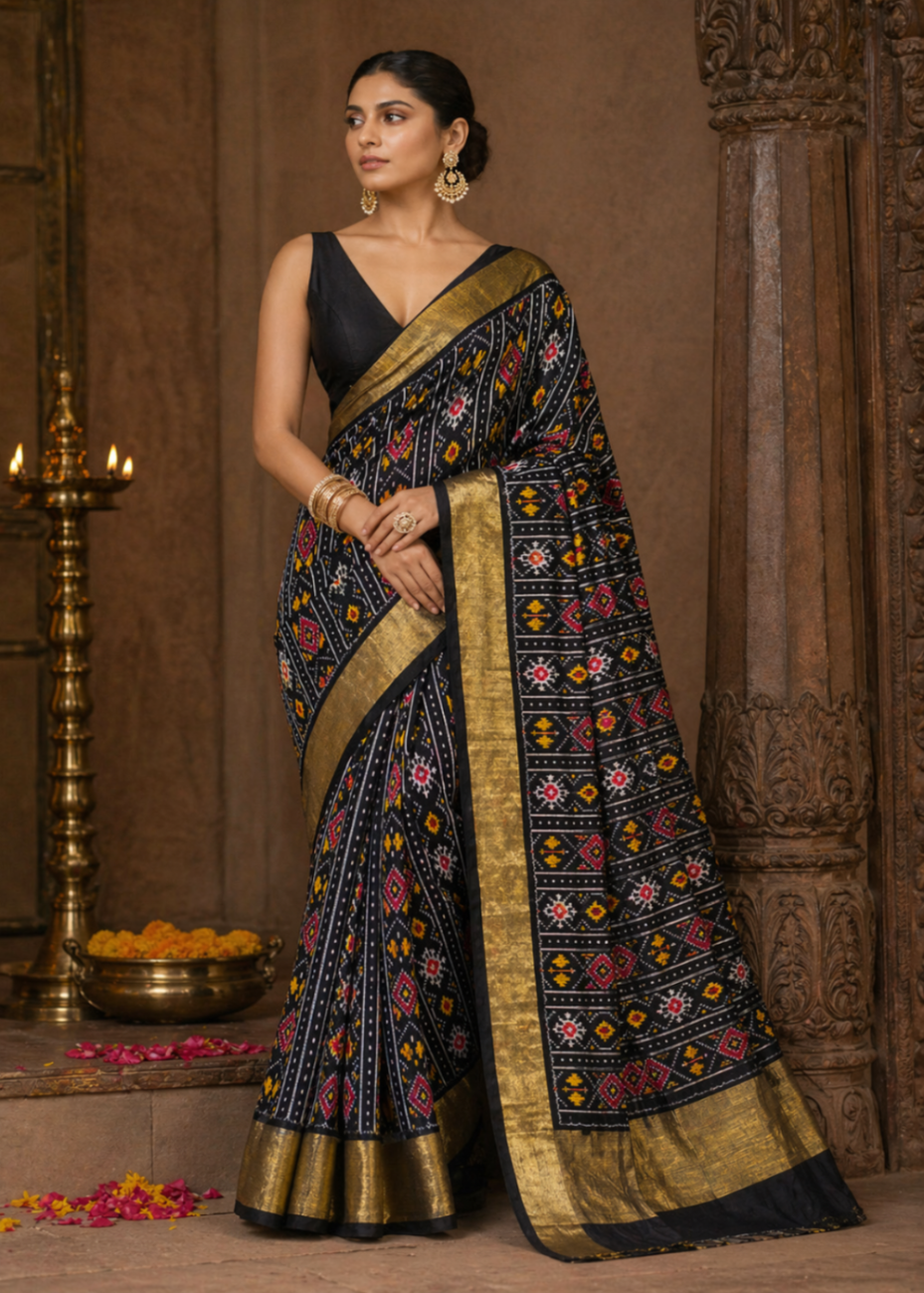 Pure Handloom Pochampally Ikat - Geometric Motifs - Black
