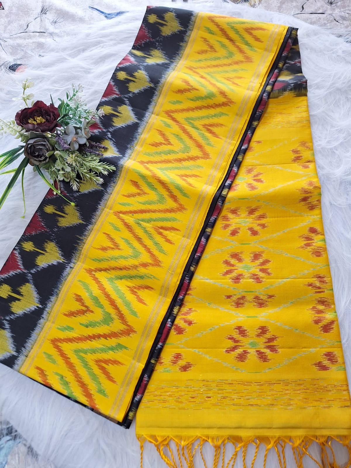 Pure Handloom Soft Silk - Black-Yellow  Pochampalli Ikkat print