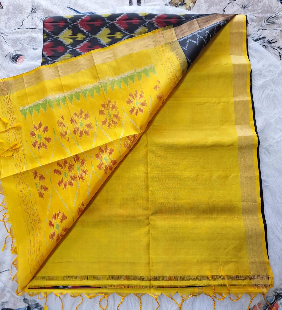 Pure Handloom Soft Silk - Black-Yellow  Pochampalli Ikkat print
