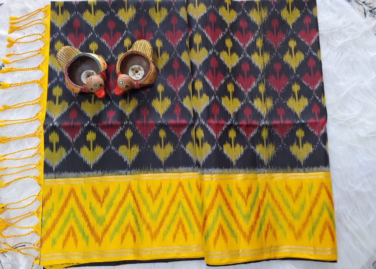Pure Handloom Soft Silk - Black-Yellow  Pochampalli Ikkat print