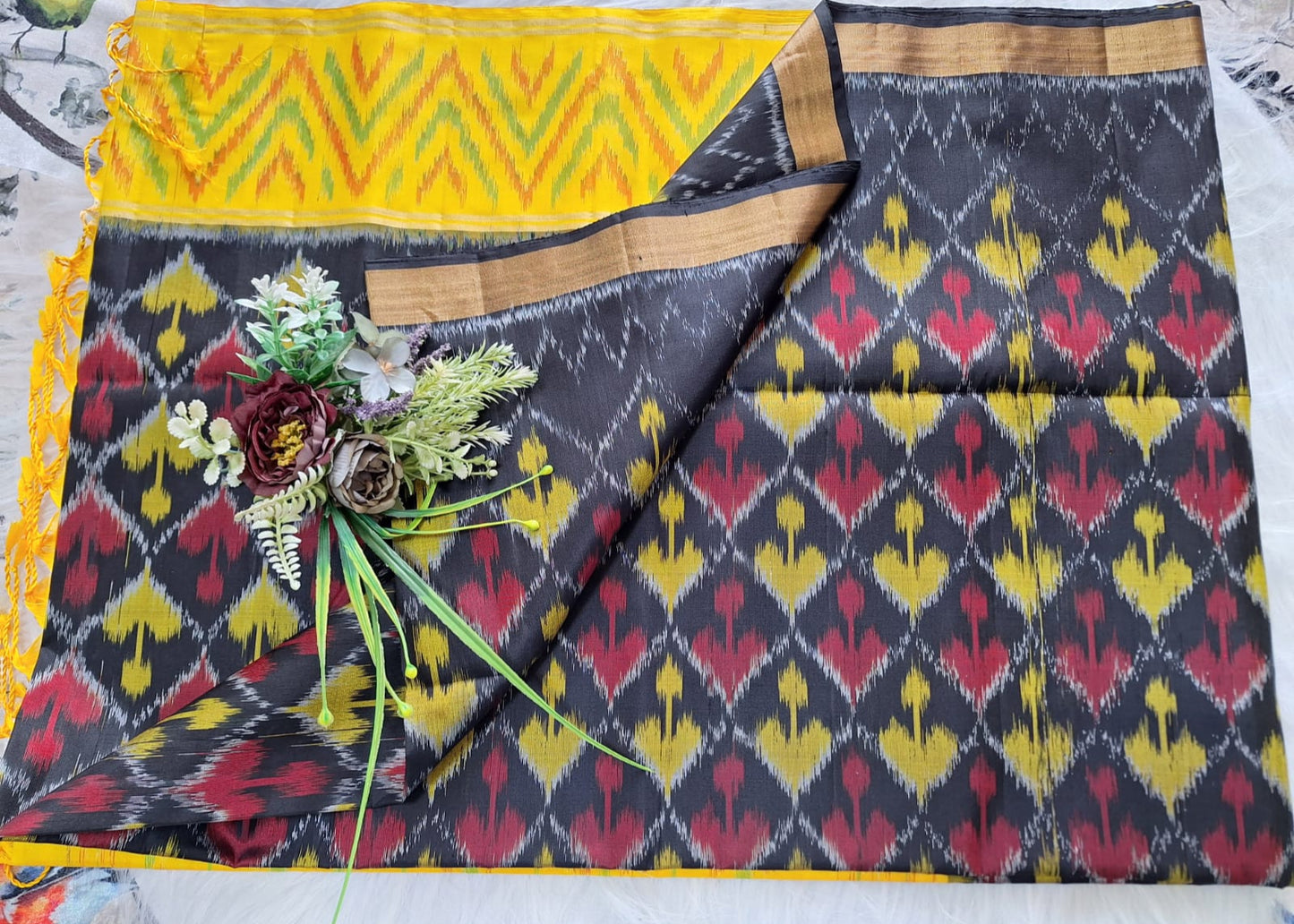 Pure Handloom Soft Silk - Black-Yellow  Pochampalli Ikkat print