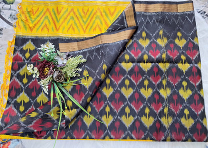 Pure Handloom Soft Silk - Black-Yellow  Pochampally Ikat pattern