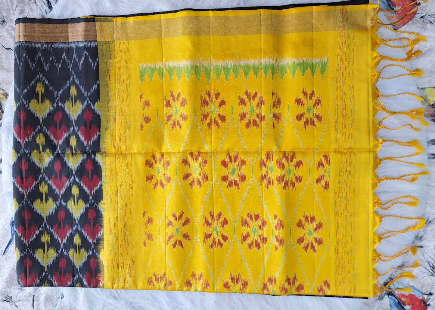 Pure Handloom Soft Silk - Black-Yellow  Pochampalli Ikkat print
