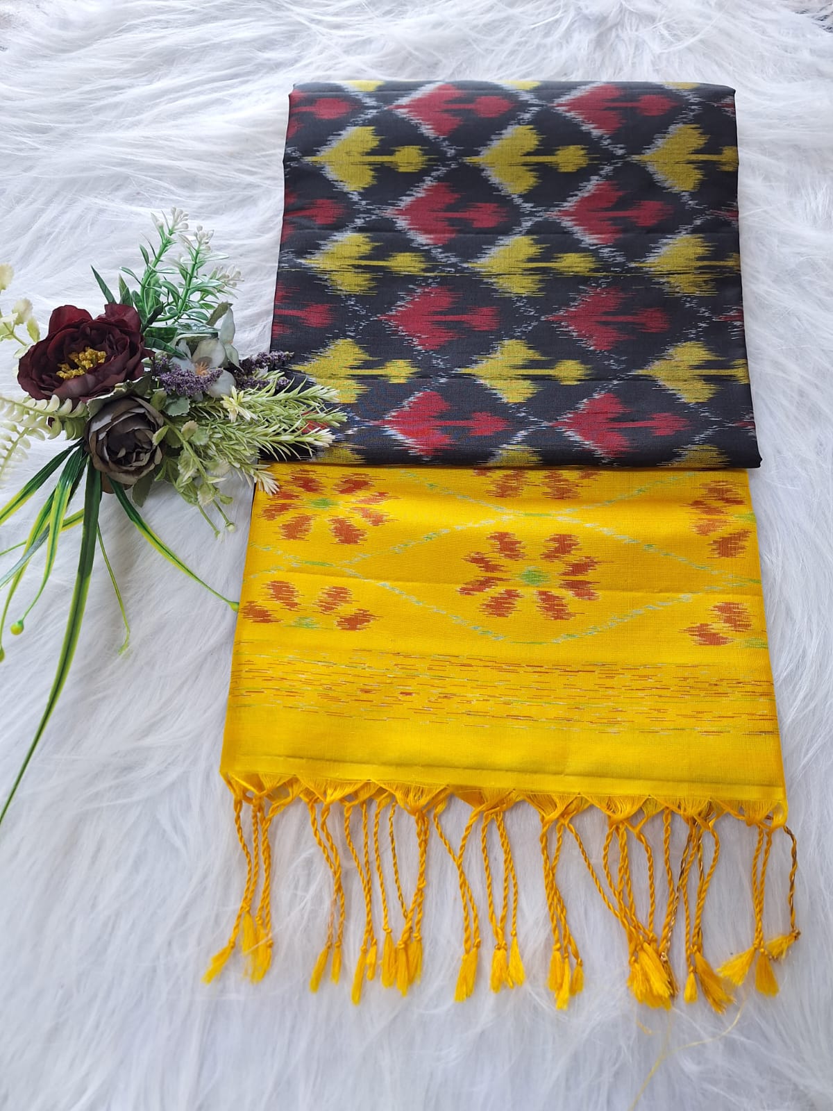 Pure Handloom Soft Silk - Black-Yellow  Pochampalli Ikkat print