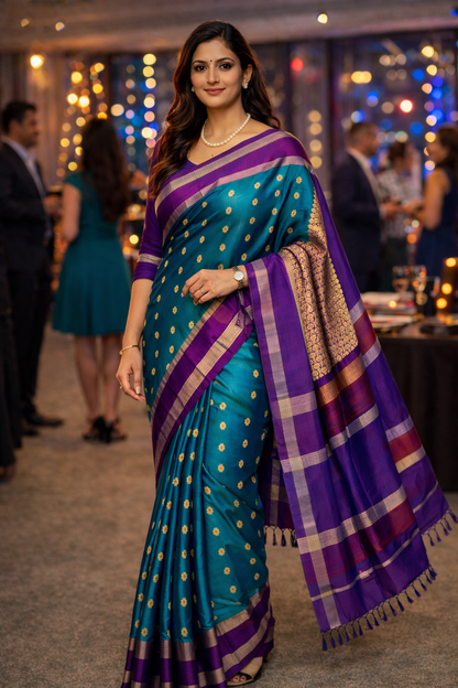 Pure Handloom Kanjeevaram Silk - Azure Blue & Purple 1000 Meenakari butas