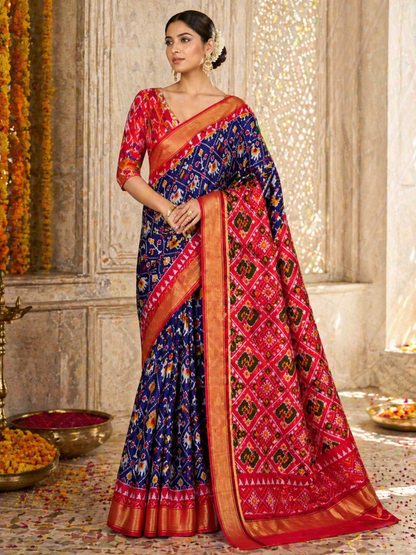 Pure Handloom Pochampally Ikat - Multi Figure cross Pattern