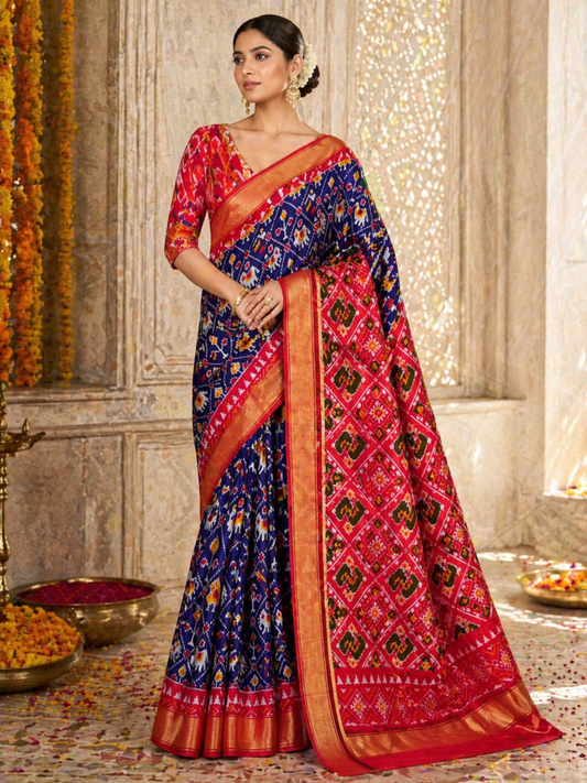 Pure Handloom Pochampally Ikat - Multi Figure cross Pattern