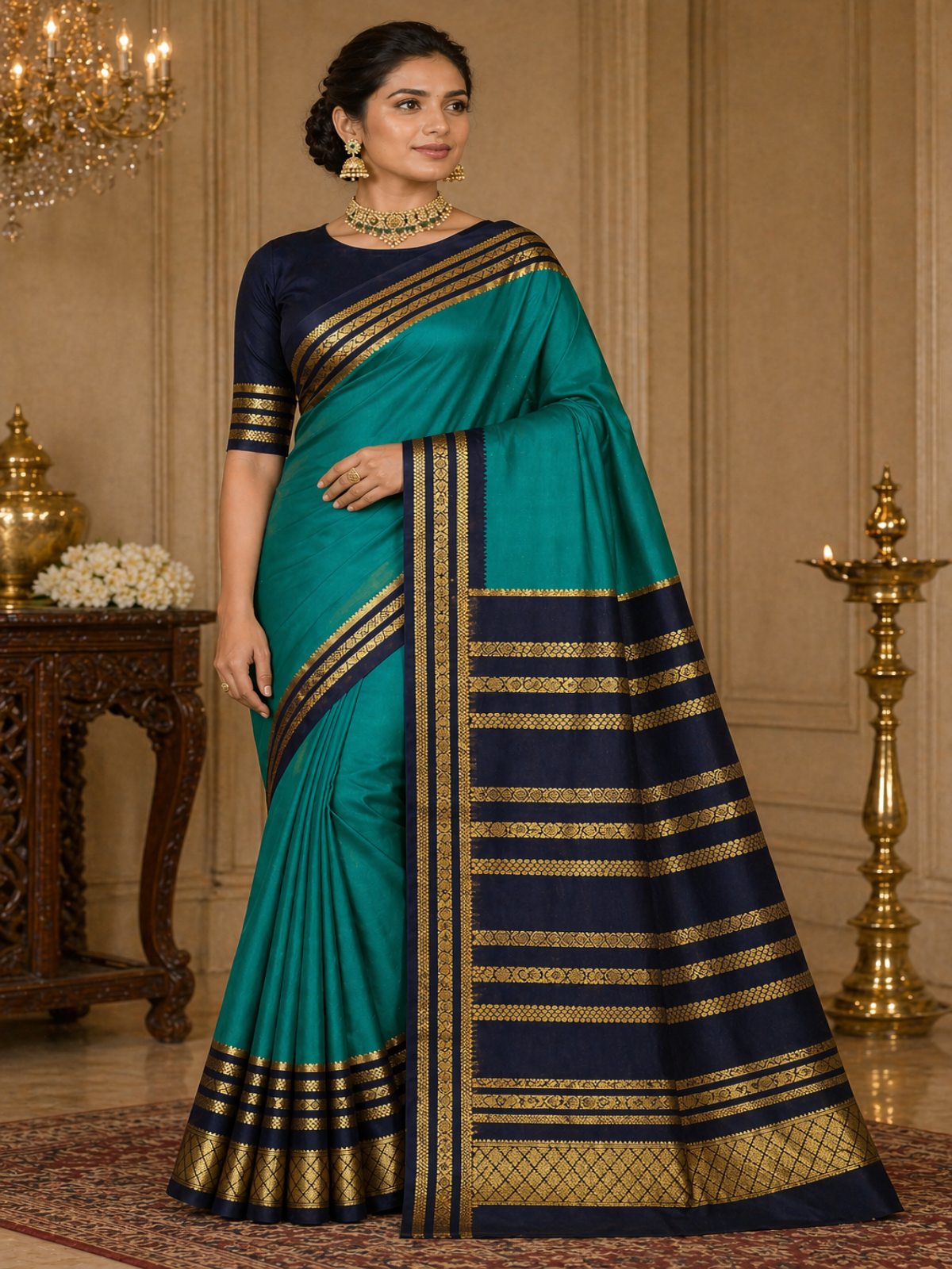 Pure Mysore Crepe Silk - Pine Green & Navy Blue Embellished border