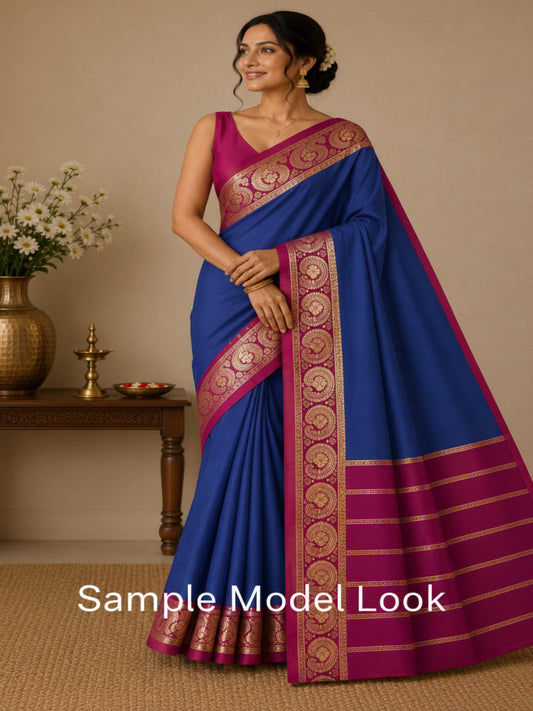 Pure Mysore Crepe Silk - Minimalist Electric Blue & Magenta Kairi Border