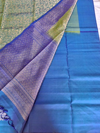 Pure Handloom Soft Silk - Brocade Green & Royal Blue