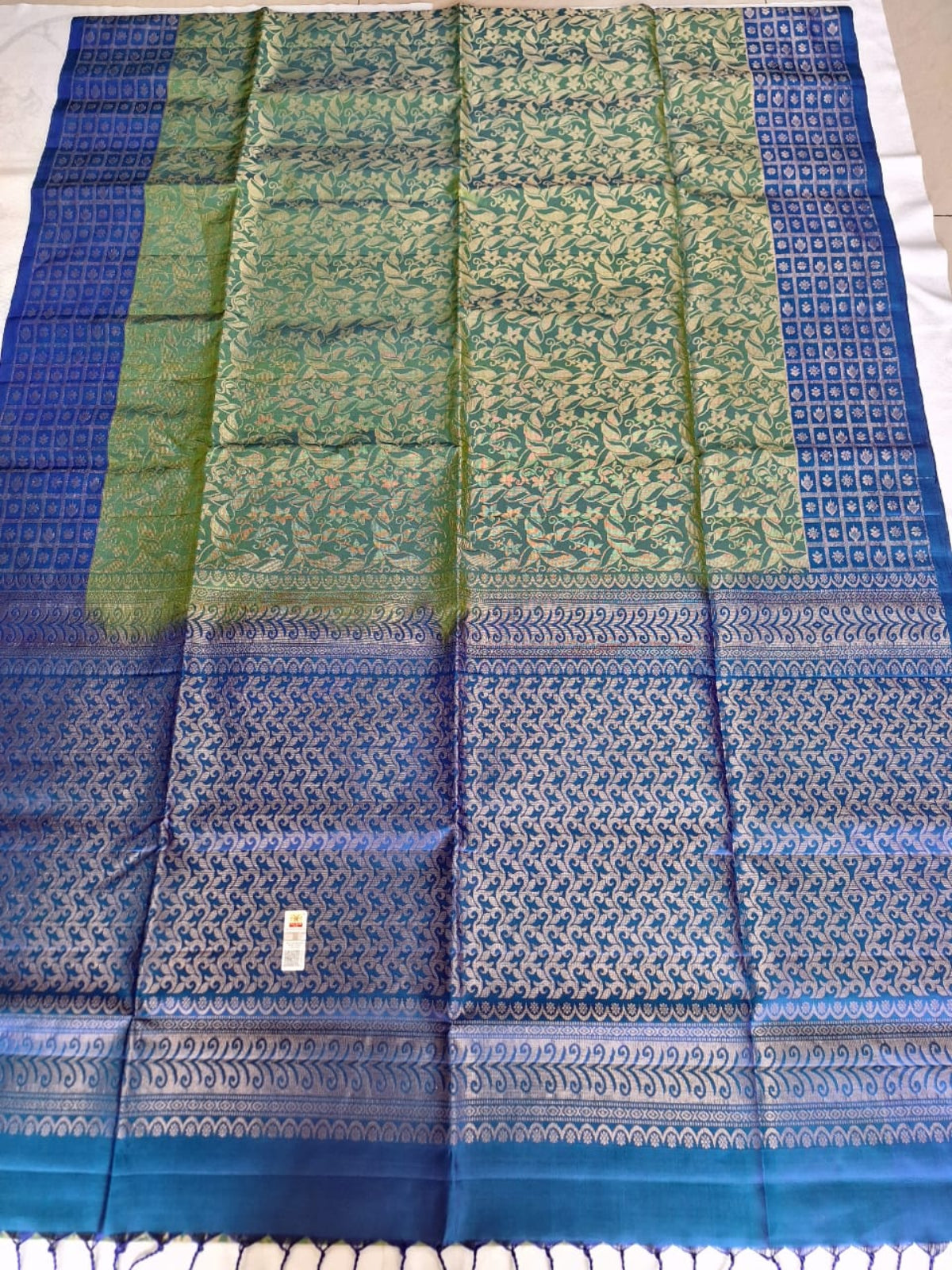 Pure Handloom Soft Silk - Brocade Green & Royal Blue
