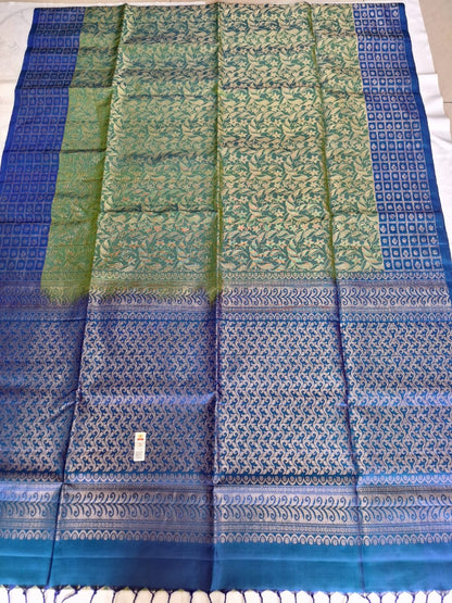 Pure Handloom Soft Silk - Brocade Green & Royal Blue