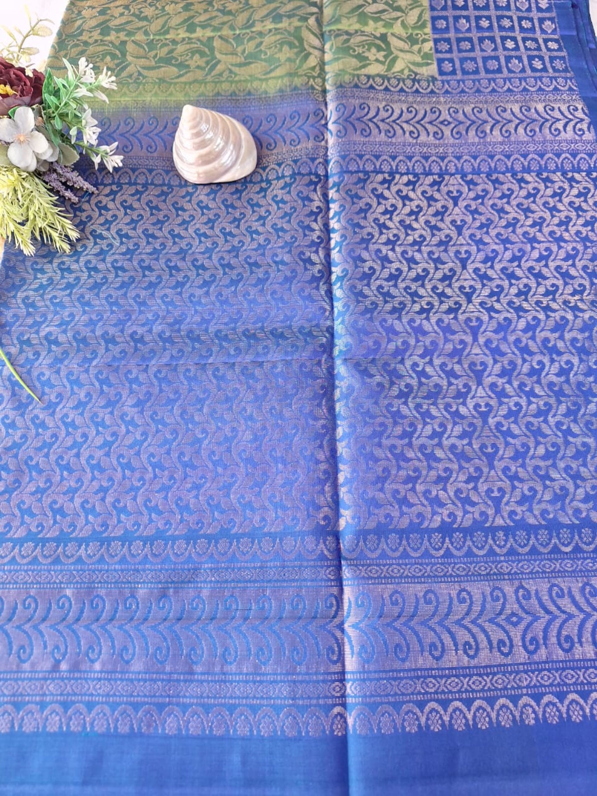Pure Handloom Soft Silk - Brocade Green & Royal Blue