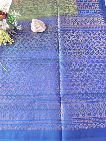 Pure Handloom Soft Silk - Brocade Green & Royal Blue