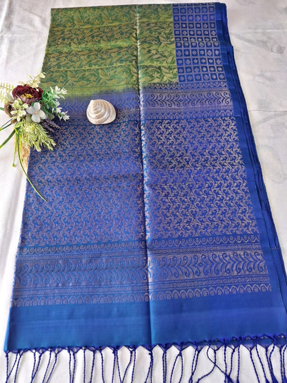 Pure Handloom Soft Silk - Brocade Green & Royal Blue