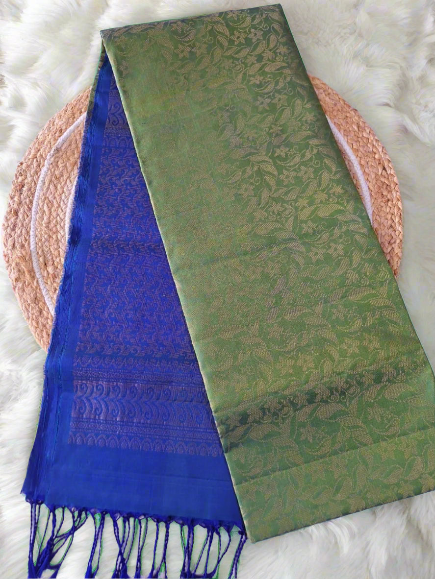 Pure Handloom Soft Silk - Brocade Green & Royal Blue