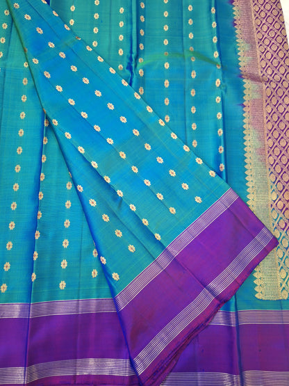 Pure Handloom Kanjeevaram Silk - Azure Blue & Purple 1000 Meenakari butas