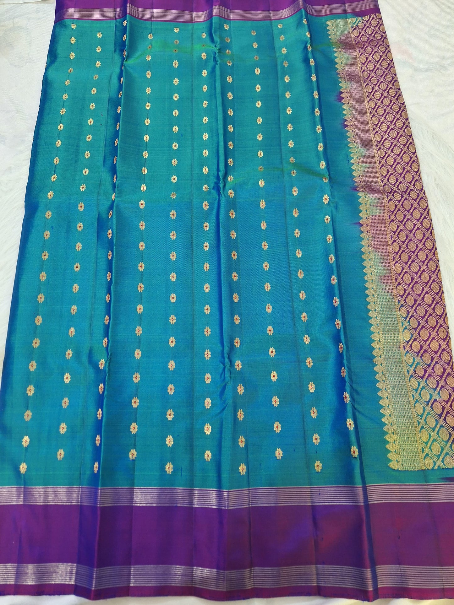Pure Handloom Kanjeevaram Silk - Azure Blue & Purple 1000 Meenakari butas