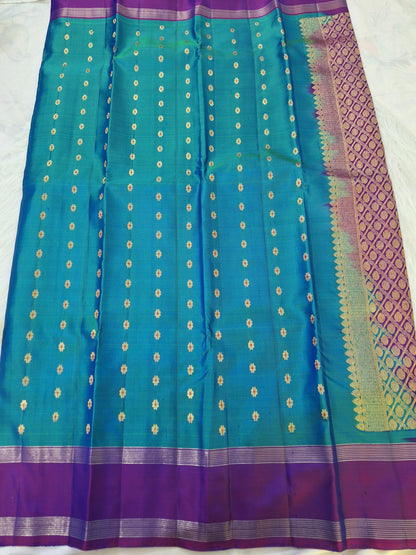 Pure Handloom Kanjeevaram Silk - Azure Blue & Purple 1000 Meenakari butas