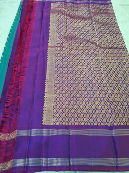 Pure Handloom Kanjeevaram Silk - Azure Blue & Purple 1000 Meenakari butas