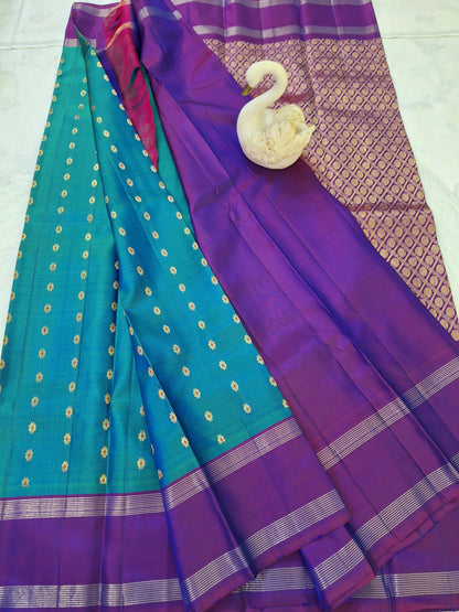 Pure Handloom Kanjeevaram Silk - Azure Blue & Purple 1000 Meenakari butas
