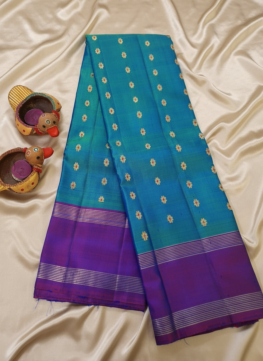Pure Handloom Kanjeevaram Silk - Azure Blue & Purple 1000 Meenakari butas