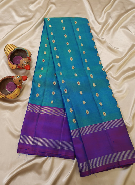 Pure Handloom Kanjeevaram Silk - Azure Blue & Purple 1000 Meenakari butas
